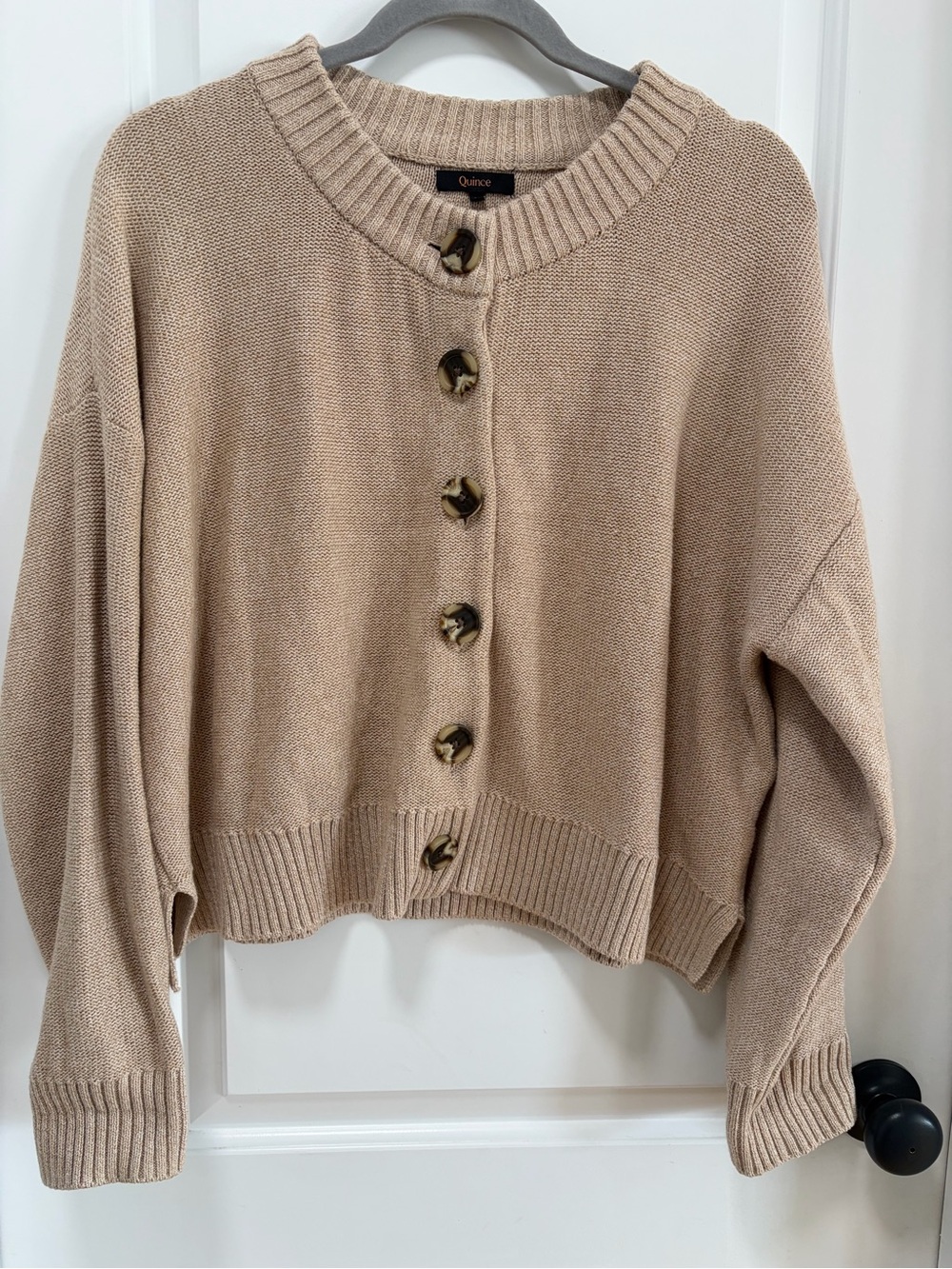 Quince size Large Organic Cotton Cropped Cardigan in Cement Marl Button Front - Picture 2 of 11